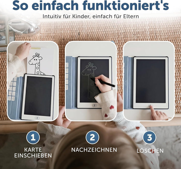 ZAZU Fun LCD Zeichentablet für Kinder – 8,5 Zoll Maltablet mit 40 Vorlagenkarten & Stift, Löschfunkt