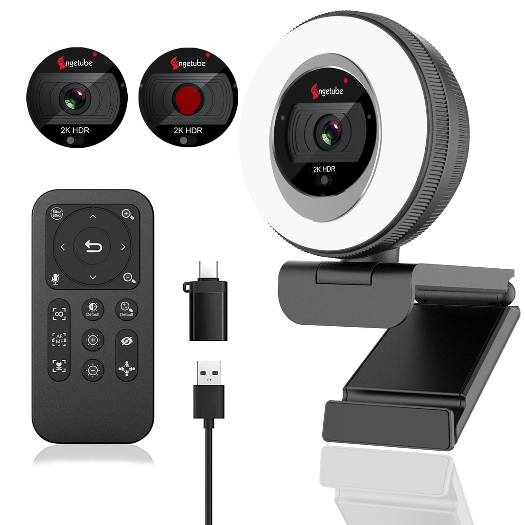 Angetube Streaming Webcam 2K mit Ringlicht, 1080P PC Kamera mit Steuerung | Dual-Stereo-Mikrofon, Pr