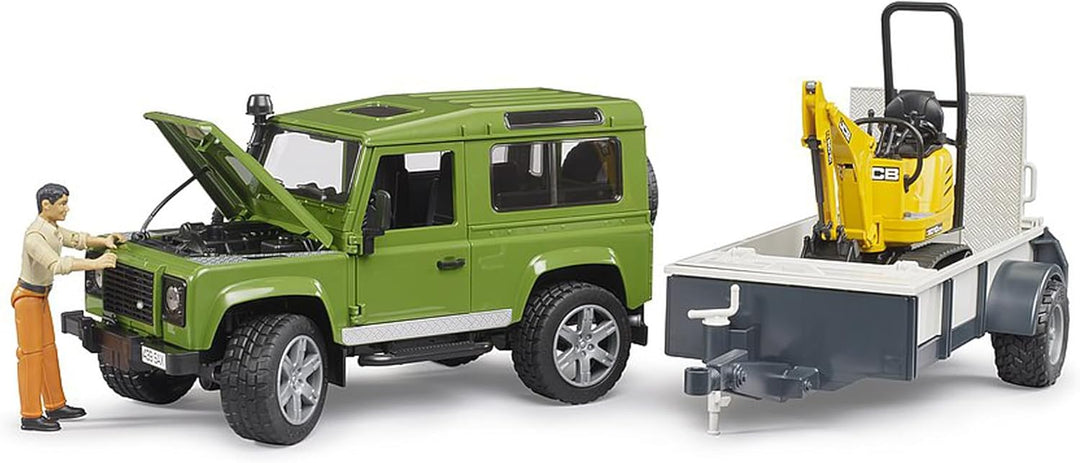 bruder 02593 - Land Rover Defender Station Wagon mit Einachsanhänger, JCB Mikrobagger 8010 Cts, Baua
