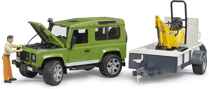 bruder 02593 - Land Rover Defender Station Wagon mit Einachsanhänger, JCB Mikrobagger 8010 Cts, Baua