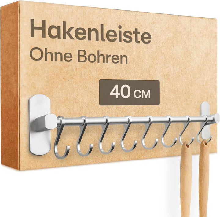 Hakenleiste für Küchenutensilien mit 8 Haken - Ohne Bohren - Selbstklebend - 40 cm - Verstellbar