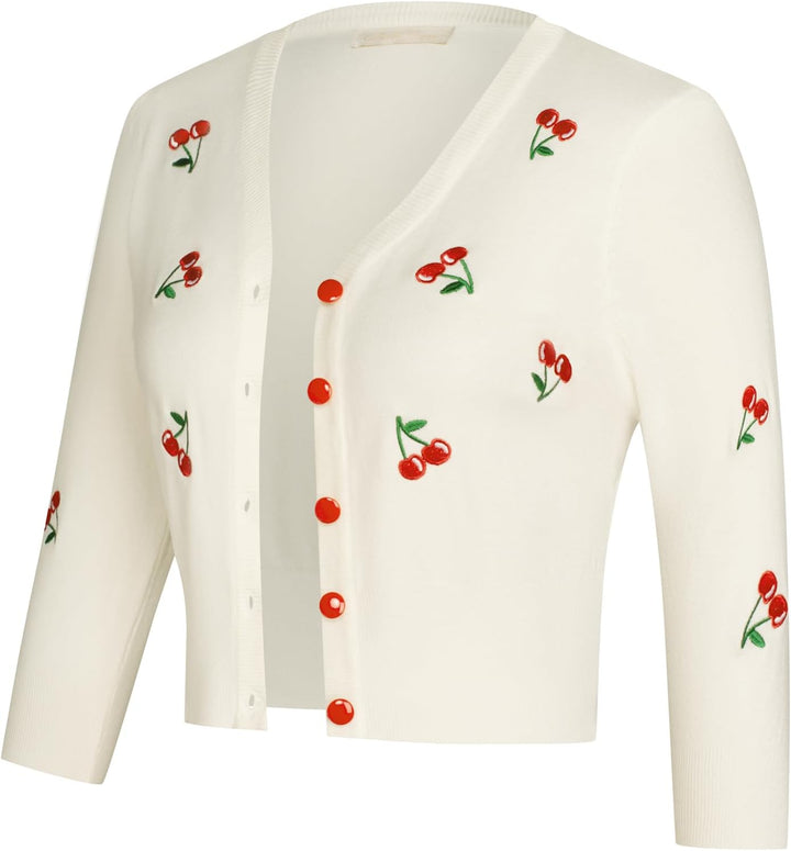 Belle Poque Damen Strickjacke mit 3/4-Ärmeln, V-Ausschnitt, Knopfleiste, Kirschen, Stickerei, Croppe