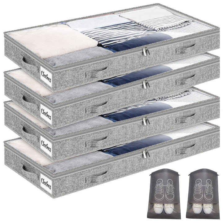 Unterbett Aufbewahrungsbox 4 Stück Unterbettkommode und klarem Transparenter Deckel, 10 cm hoch Falt