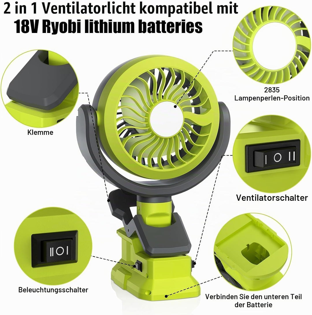 Akku Clip Ventilator für Ryobi 18V Kabelloser Ventilator, Tischventilator,Camping Ventilator 180°C s