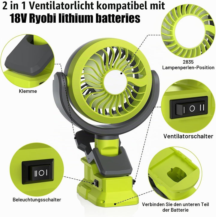 Akku Clip Ventilator für Ryobi 18V Kabelloser Ventilator, Tischventilator,Camping Ventilator 180°C s