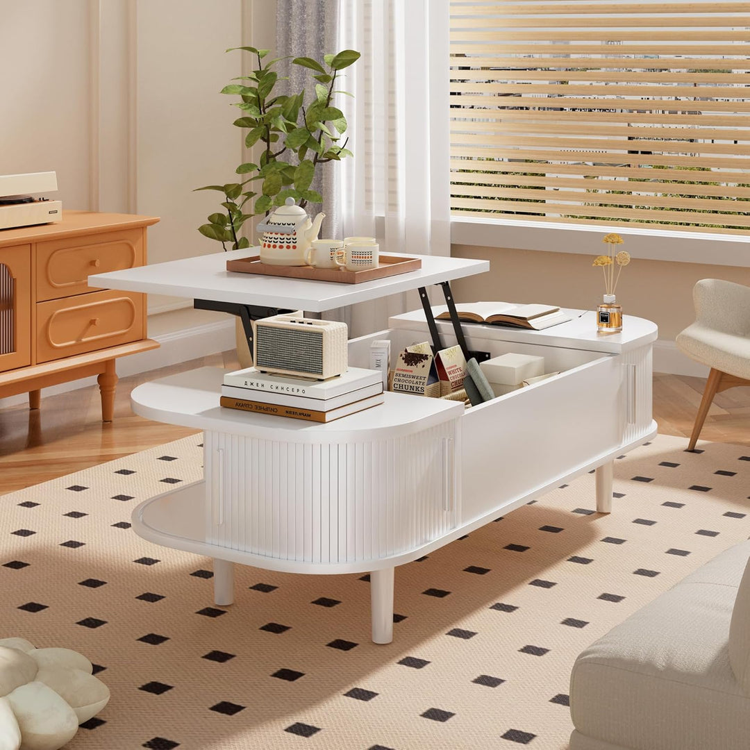 Couchtisch mit Hebeplatte – Moderner Holztisch mit Einzigartiger Textur & Verstecktem Stauraum, Kaff