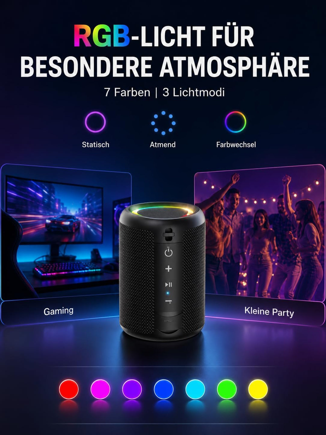 Bluetooth Lautsprecher Kleine Musikbox Bluetooth 5.3 15W mit TWS Modus RGB Lichtern 30 Meter Reichwe