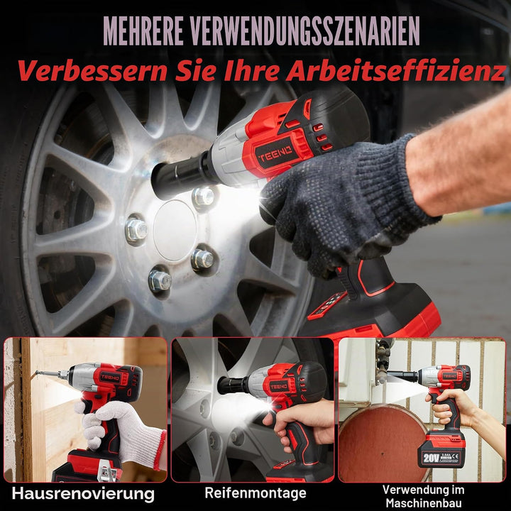 TEENO Akku-Schlagschrauber bürstenlos, 320 Nm mit 3,0 Ah Akku, Radbolzen, Box mit 25 Zubehörteilen (