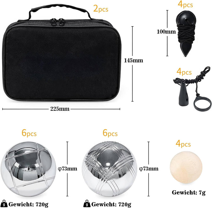 2x Boule Set, 12 Boccia Kugeln für 2-6 Spieler, Metallkugeln Boccia Spiel mit 2 Tragetasche, 4 Zielk