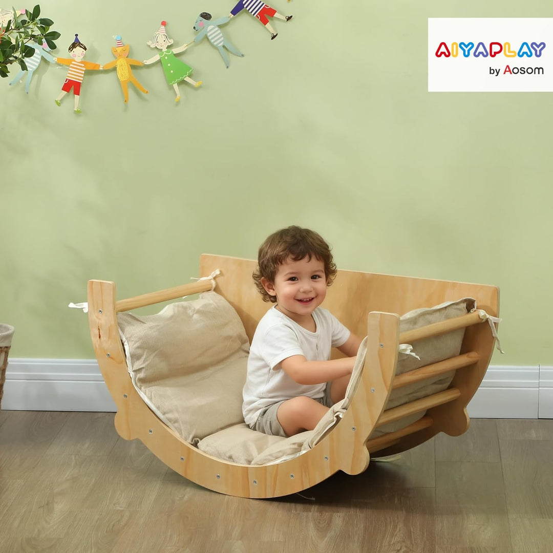 AIYAPLAY 3-in-1 Montessori Klettergerüst Indoor Holz Kletterbogen mit Tischplatte Matte Indoor Spiel