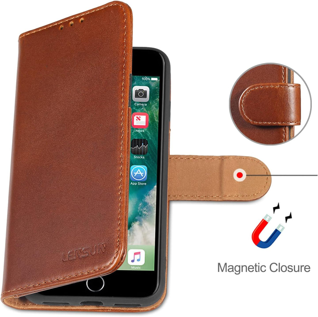 LENSUN Echtleder Hülle für iPhone SE2020/SE 2022 5G, iPhone 7/iPhone 8 Handyhülle [Echtes Leder][Mag