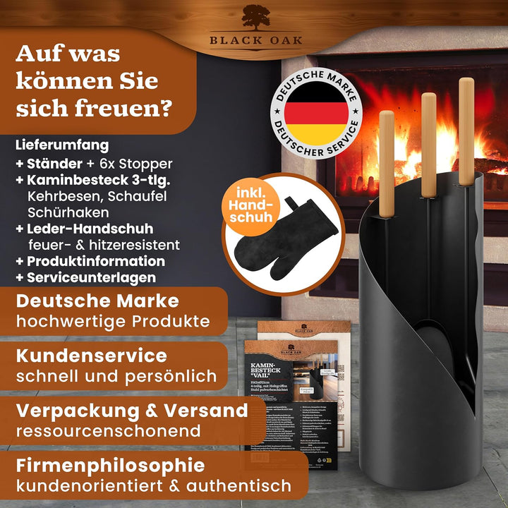 BLACK OAK Kaminbesteck VAIL 4-teilig mit Lederhandschuh - modernes Ofenbesteck Set schwarz mit Holzg