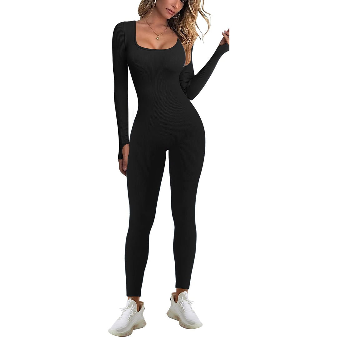 JN JANPRINT Jumpsuit Damen Sport Bodysuit Gerippte Lang Eng Yoga Bodycon Overall Stretch Langarm Str