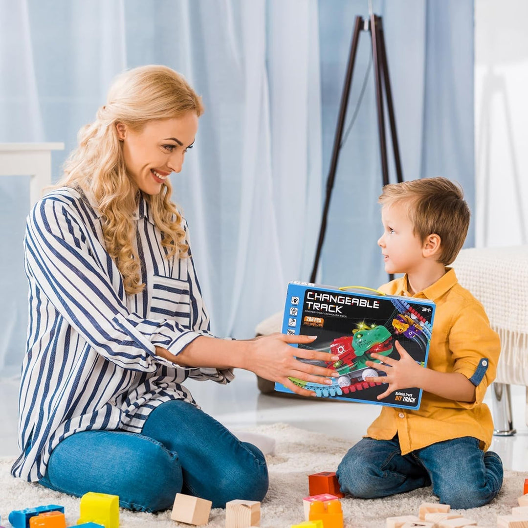 Autorennbahn 288 Stück, Flexible Rennbahn mit Dinosaurier-Auto, Anti-Gravitations Rennstrecke Spielz