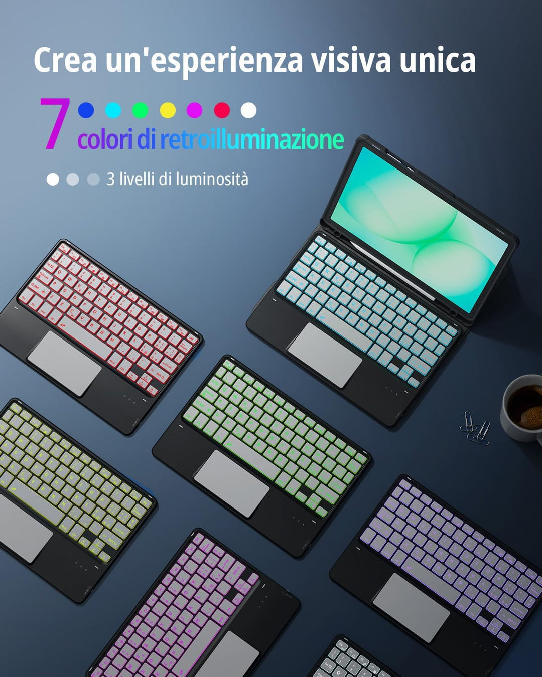 CACOE Drehbare Hülle mit Tastatur für Samsung Galaxy Tab A9 Plus 11 Zoll mit Touchpad, 7-Farbige Bel
