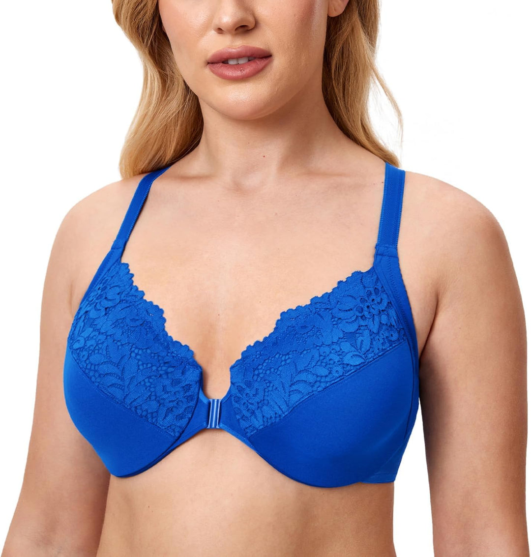 DELIMIRA Damen Vorderverschluss BH Grosse Brüste Starker Halt mit Bügel Spitzen BHS Vollständige Abd