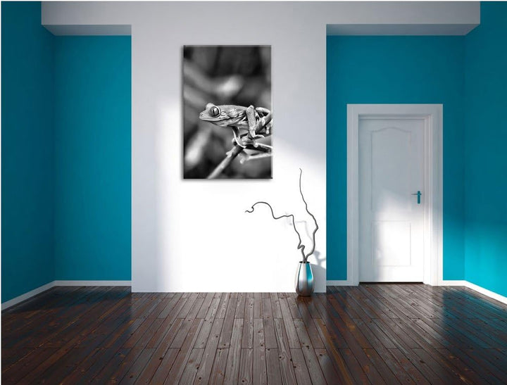 Pixxprint Grüner Kleiner Frosch auf AST als Leinwandbild | Grösse: 100x70 cm | Wandbild | Kunstdruck