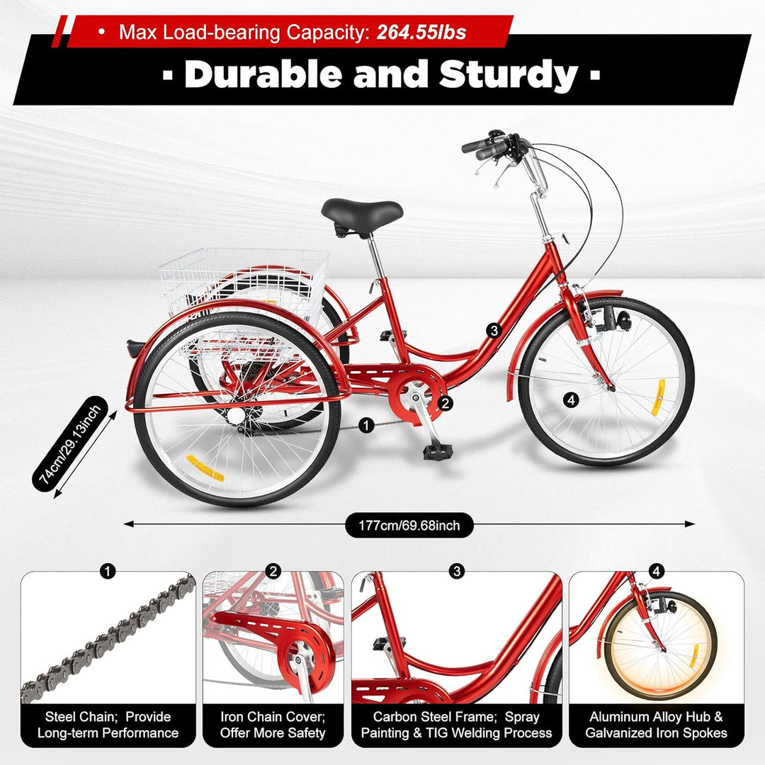 KOLHGNSE Dreirad für Erwachsene, 24 Zoll Dreirad 6-Gang 3-Rad Fahrrad Erwachsene Dreirad Cruise Trik