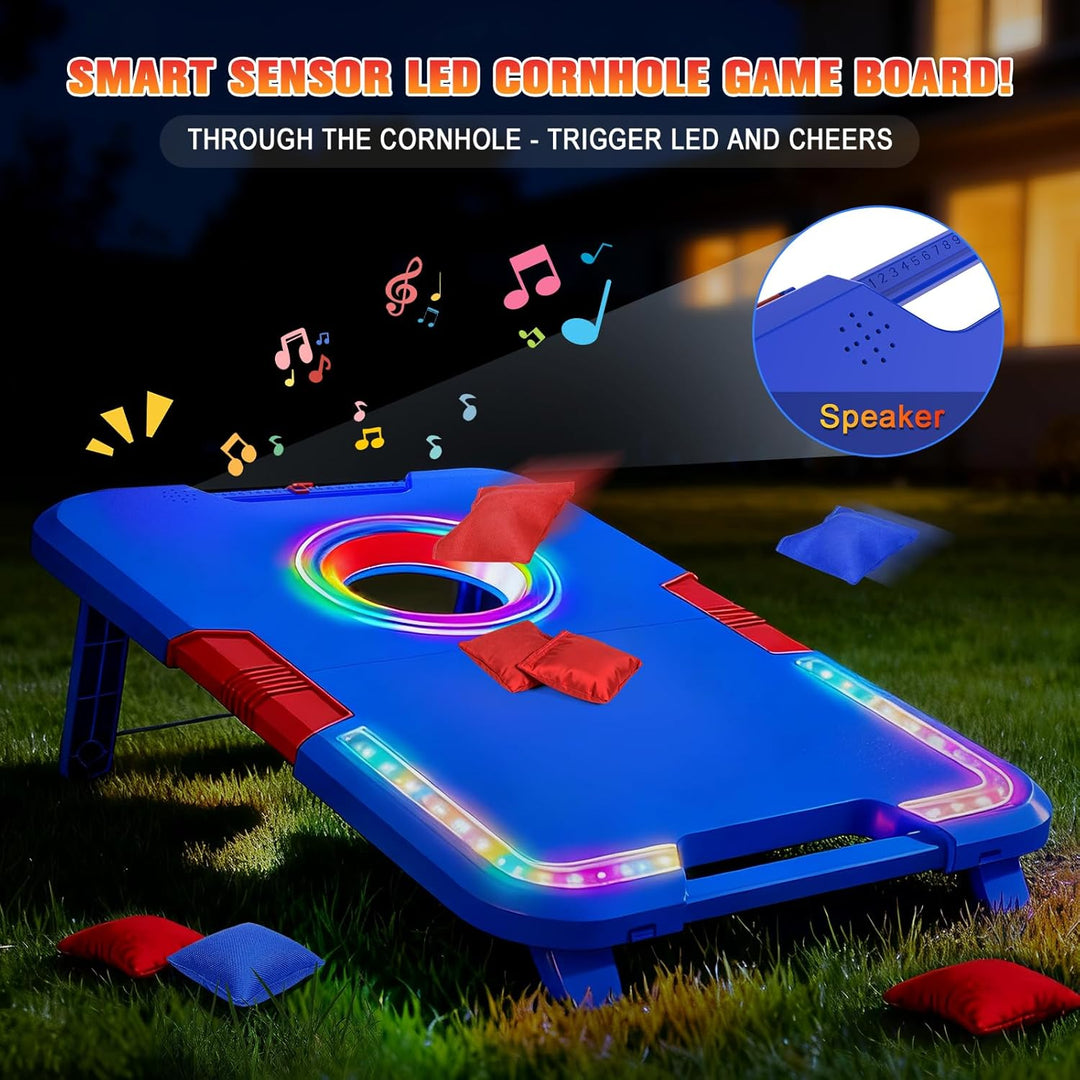 VATOS Tragbares Cornhole-Set mit LED-Lichtern & Soundeffekten, Punktanzeige, klappbar – 2 Spielbrett