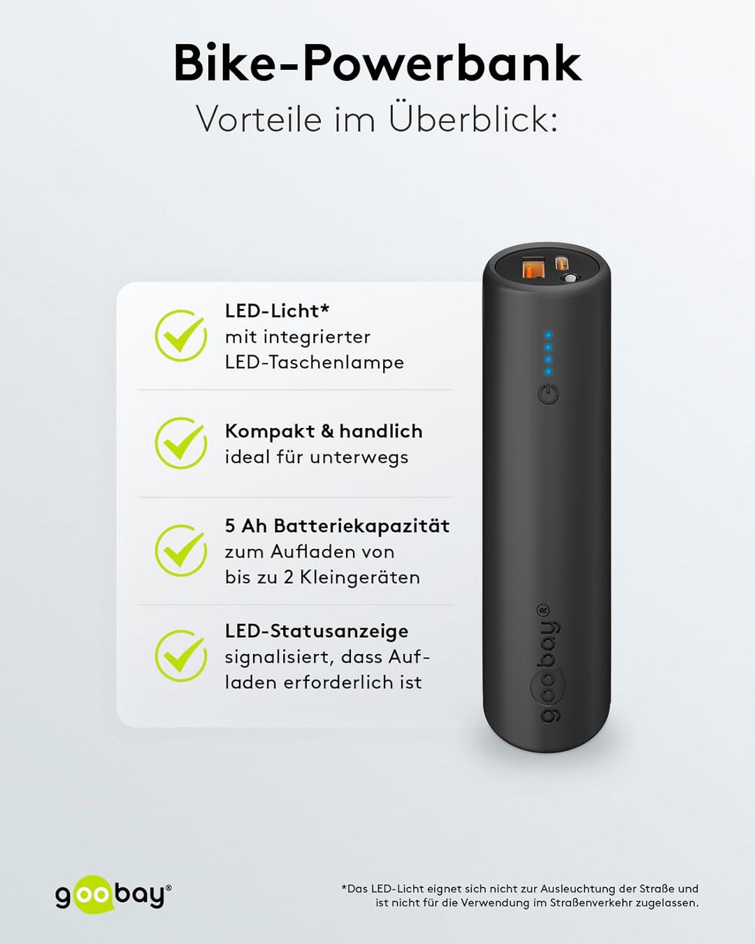 Goobay 60656 Bike Powerbank 5.0 5000 mAh inkl. verstärkter Halterung für Fahrradlenker/Powerbank für