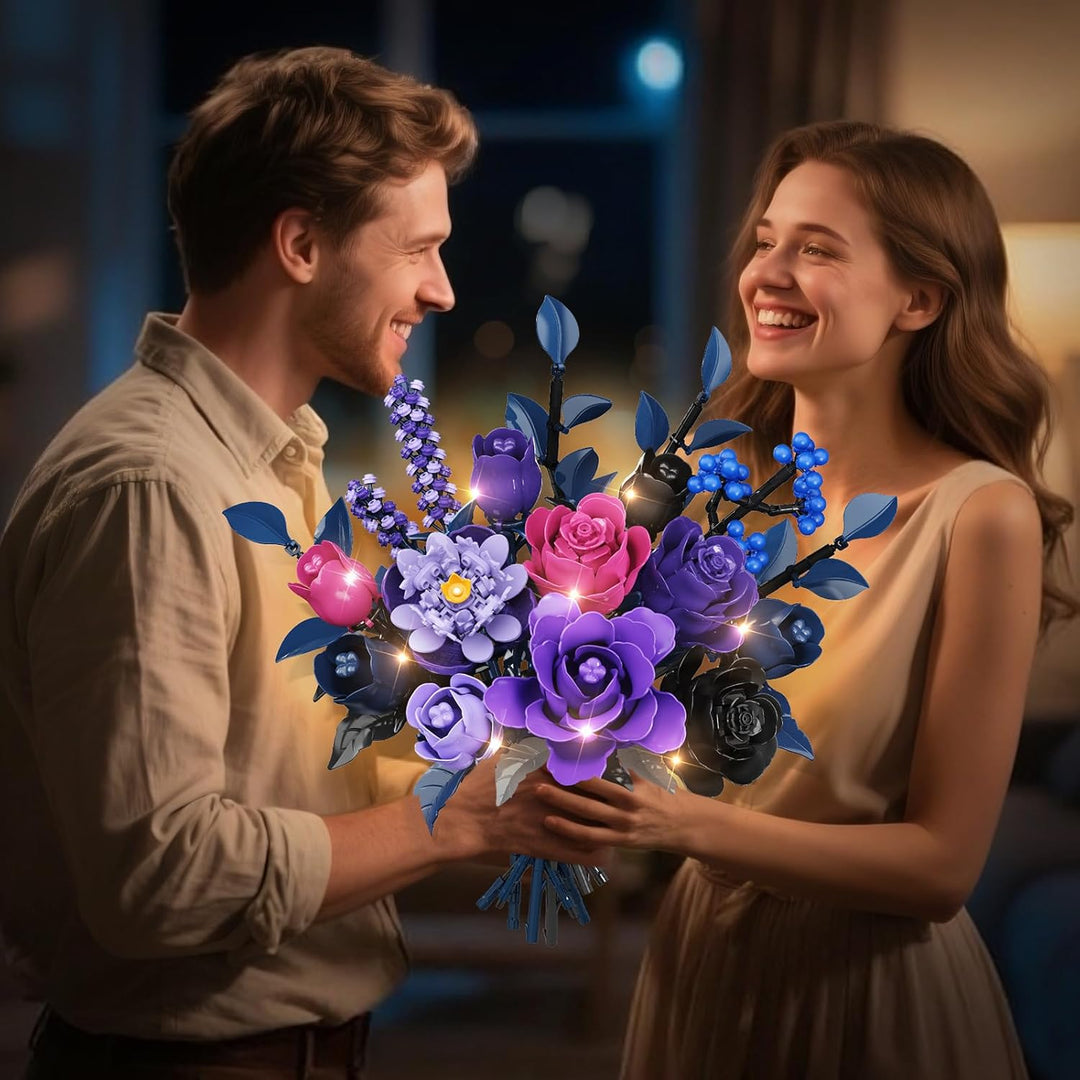 Blumen Bauset - 17 Blume Blumenstrauss Bausteine mit LED, 887 Teile Kunstblumen Bausatz Spielzeug, L