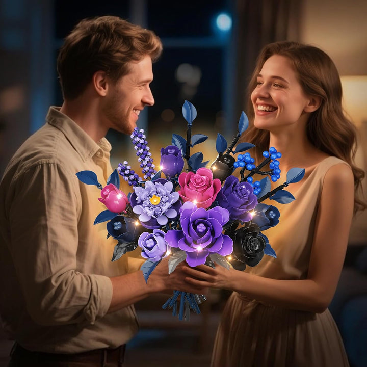 Blumen Bauset - 17 Blume Blumenstrauss Bausteine mit LED, 887 Teile Kunstblumen Bausatz Spielzeug, L