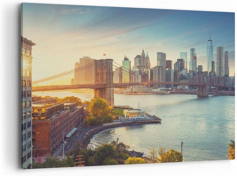 Bilder auf Leinwand 100x70cm Leinwandbild mit Rahmen New York Brücke Gross Wanddeko Bild Schlafzimme