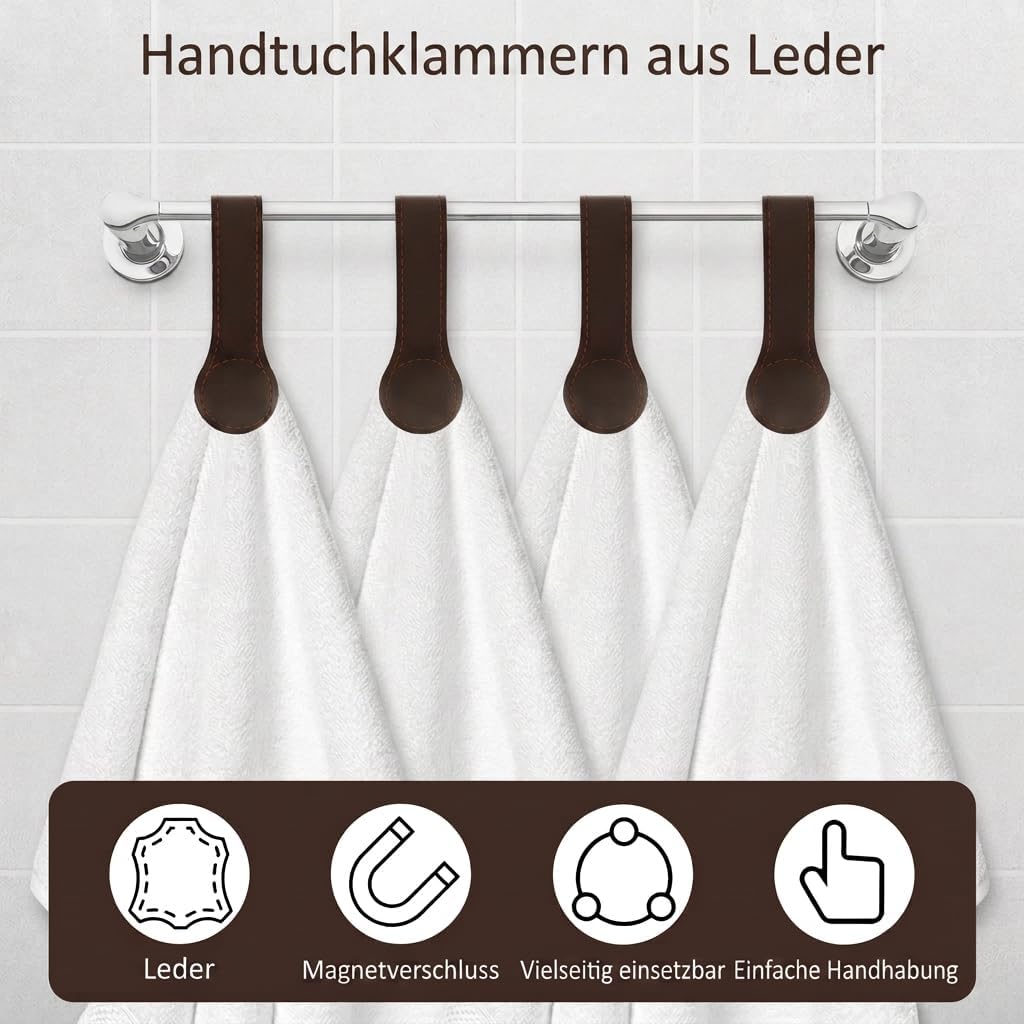 4 Stück Magnet Handtuchhalter aus Leder (Braun), Braun