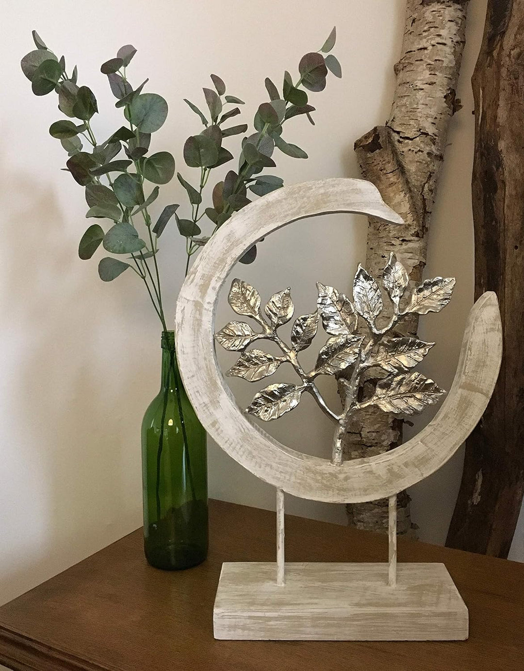 Moritz Skulptur Silver Leafs - Moderne Dekoration aus Mango-Holz und silbernen Aluminium Blättern -