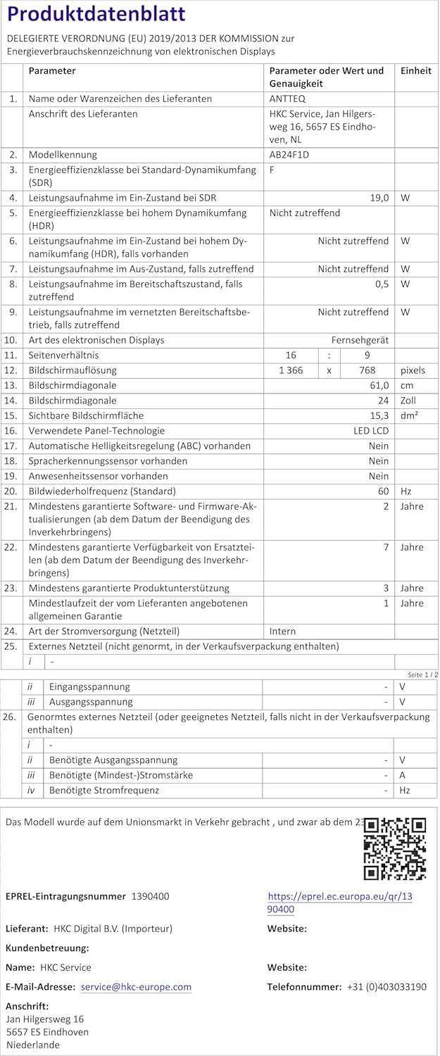 Antteq AB24F1D Fernseher 24 Zoll (TV 60 cm), 720p, Dolby Audio, LED, Triple Tuner DVB-C / T2 / S2, C