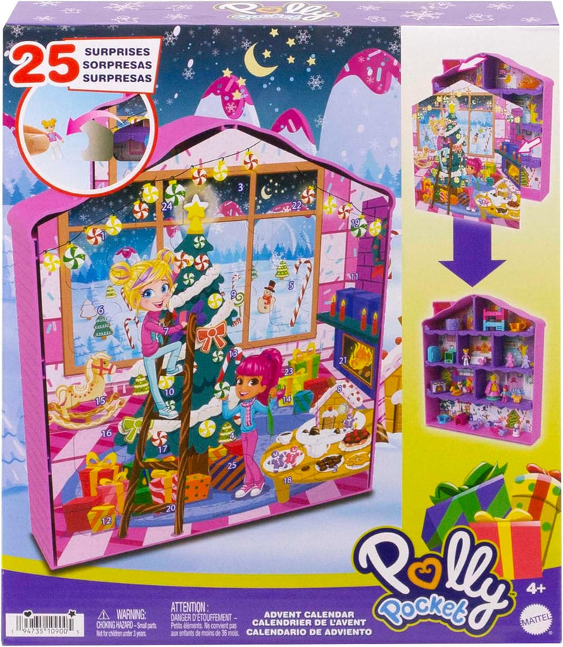 POLLY POCKET Adventskalender-Haus - 25 Überraschungen, 2 Puppen, 27 Zubehörteile, Lebkuchenhaus-Desi