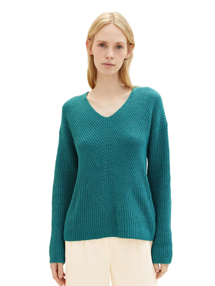 Tom Tailor Damen 1042956 RIPP Strickpullover mit V-Ausschnitt S 32402-ever Green Melange, S 32402-ev