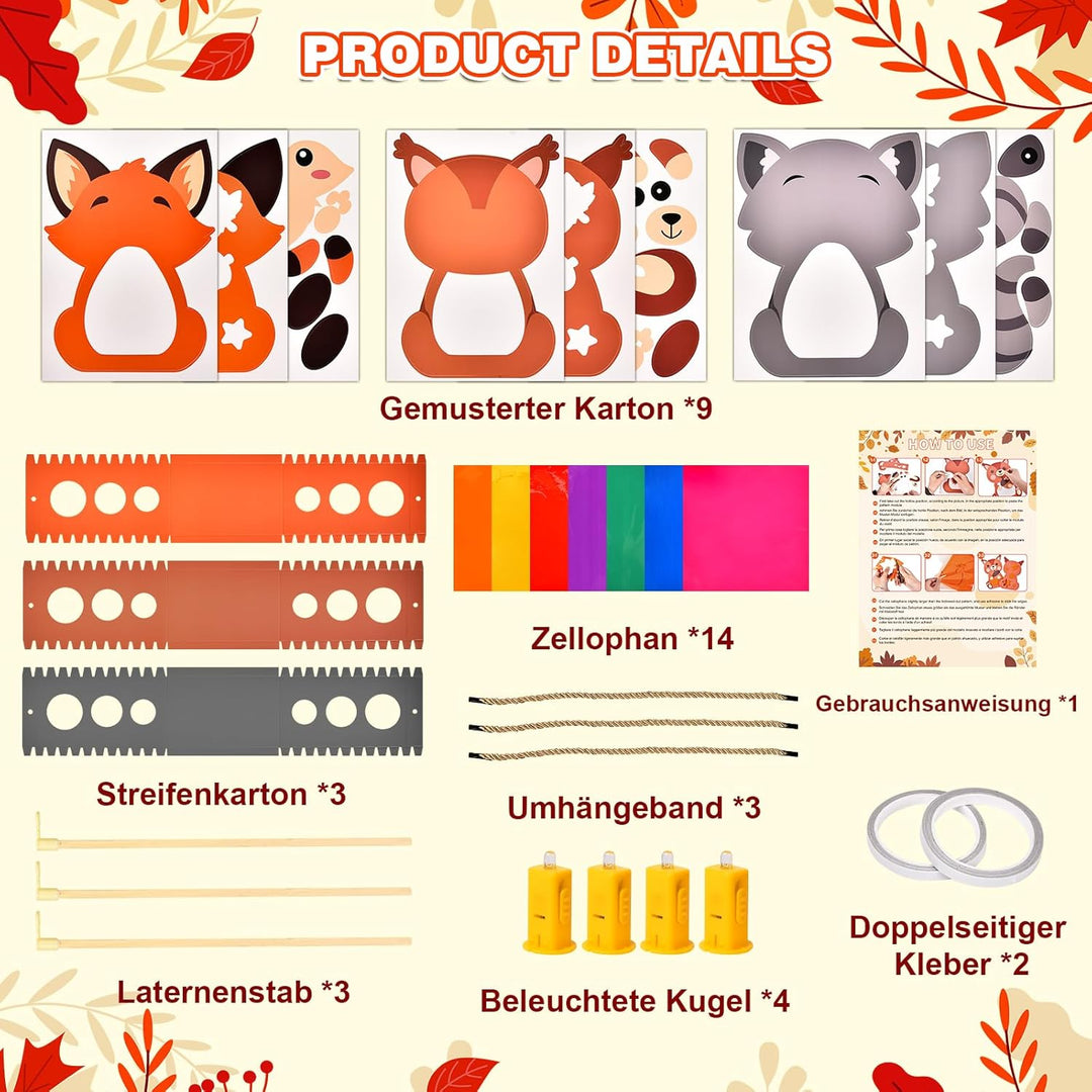 Herenear 3 Stück Herbst Kinder Laternen, Tierische Papierlaternen mit Laternenstäben, DIY Tier Dekor