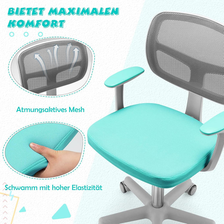 COSTWAY 360° Drehbarer Kinderschreibtischstuhl, 80-91,5 cm Höhenverstellbarer Jungendstuhl mit Rücke