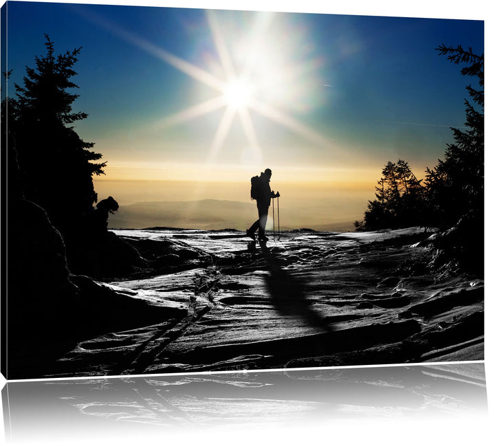 Ski Langläufer auf Berg schwarz/weiss Format: 100x70 auf Leinwand, XXL riesige Bilder fertig gerahmt