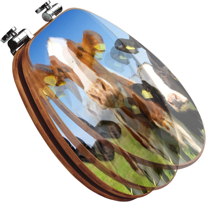 banjado® Design WC Sitz Bambus Absenkautomatik mit Motiv Kühe/Toilettendeckel mit Absenkautomatik Ho