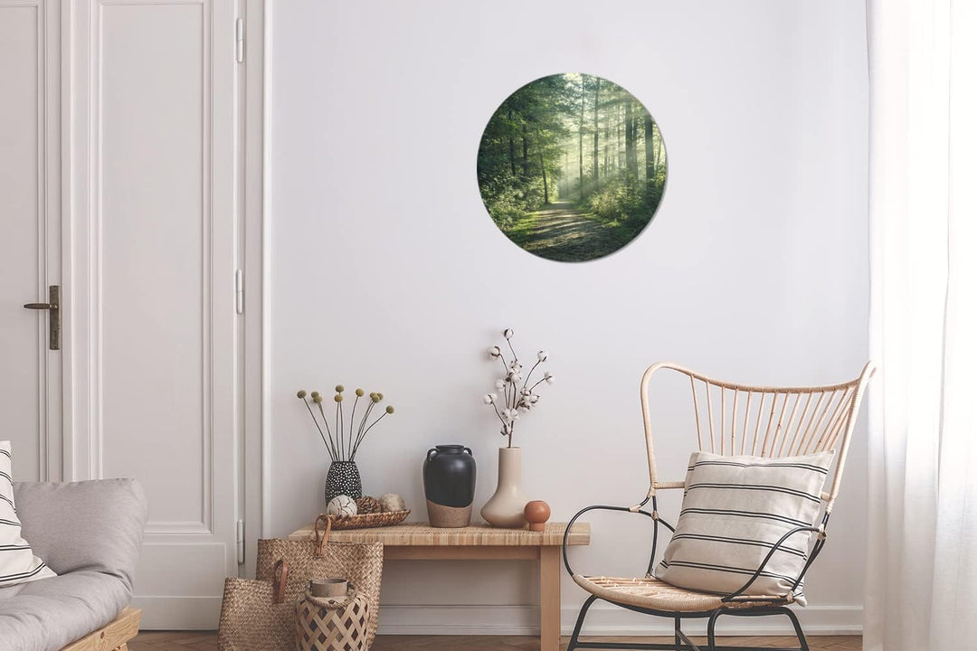 MuchoWow Wandbild Rund Wanddeko Deko Wohnzimmer Bilder 30x30 cm Wald - Licht - Weg 30L x 30B cm, 30L
