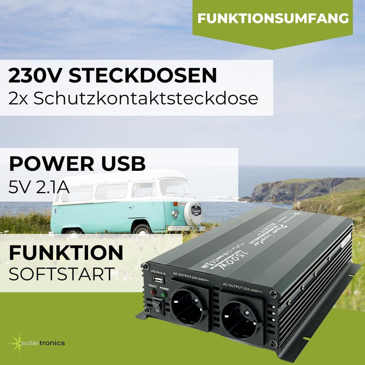 SOLARTRONICS Spannungswandler NM1500 12V 1500 Watt SCHWARZ - 3000 Watt Spitzenleistung - Wechselrich