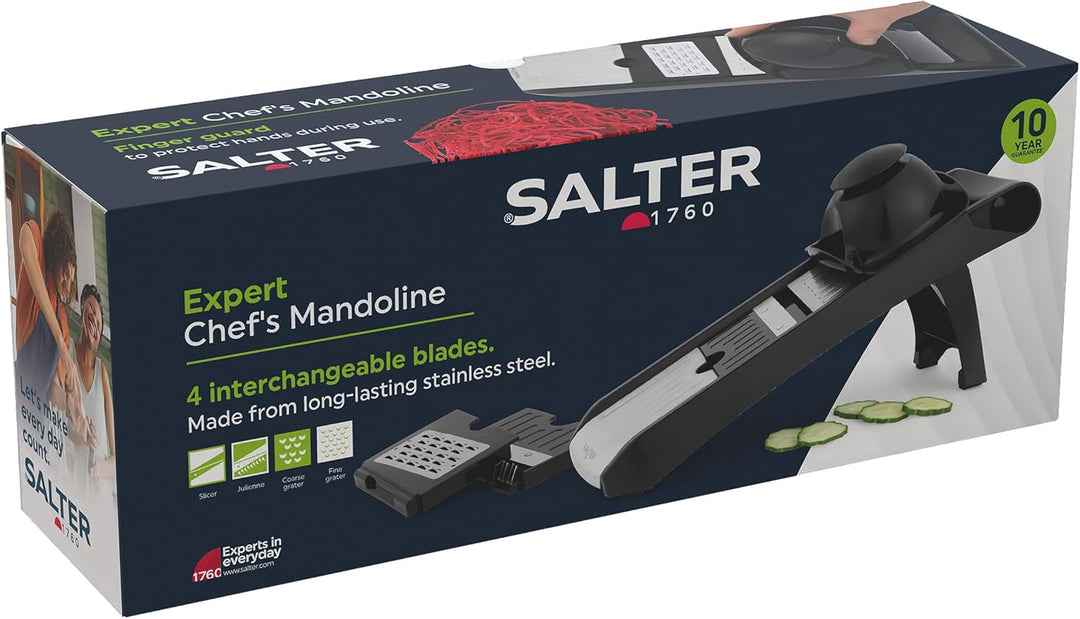 Salter Expert Chef's Mandoline – 4 austauschbare Klingen, Edelstahl, 35x12x8,3 cm, einfach zu bedien