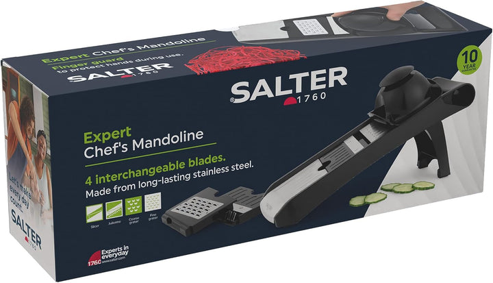 Salter Expert Chef's Mandoline – 4 austauschbare Klingen, Edelstahl, 35x12x8,3 cm, einfach zu bedien