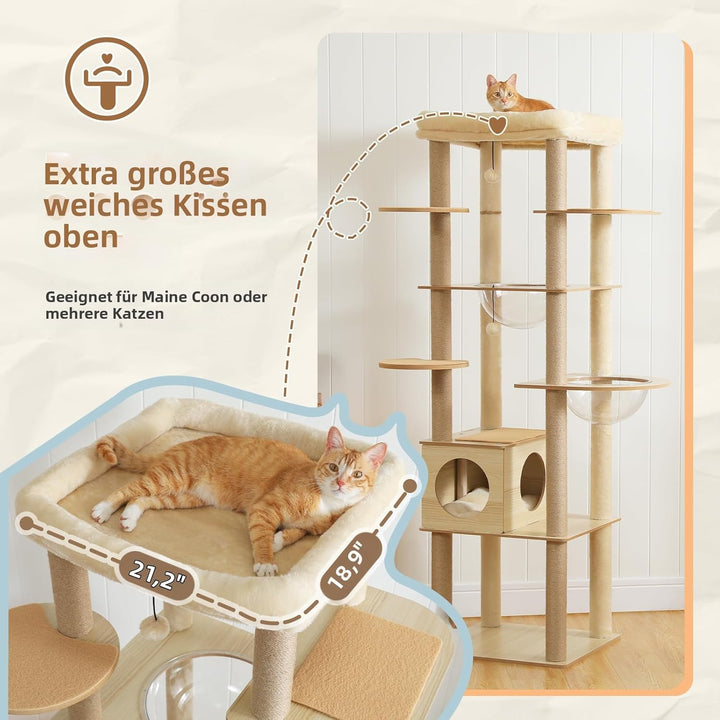 PETEPELA Kratzbaum für grosse Katzen, 181 cm hoch, mit Acryl-Hängematte, Multi-Stufe Holz Katzenbaum