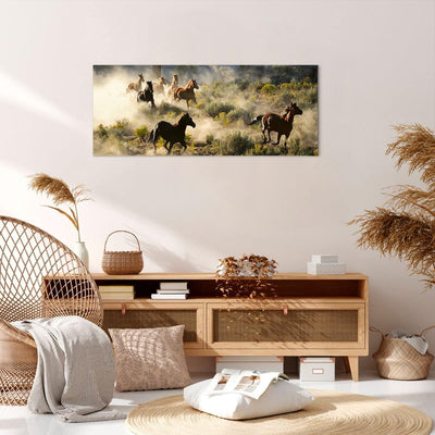 Panorama Bilder auf Leinwand 100x40cm Leinwandbild Cowboy Cowgirl Pferd Gross Wanddeko Bild Schlafzi