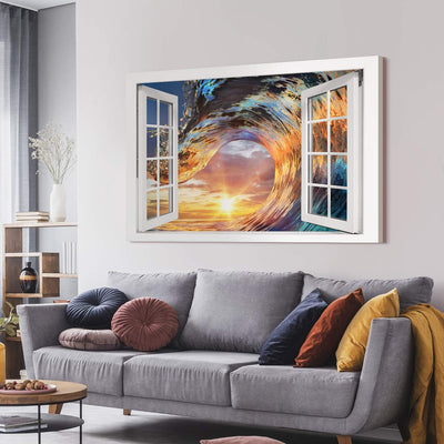 PICANOVA – Bild auf Leinwand Wellen-Sonnenuntergang Fenster 120x80cm – Leinwandbild – Premium Leinwa