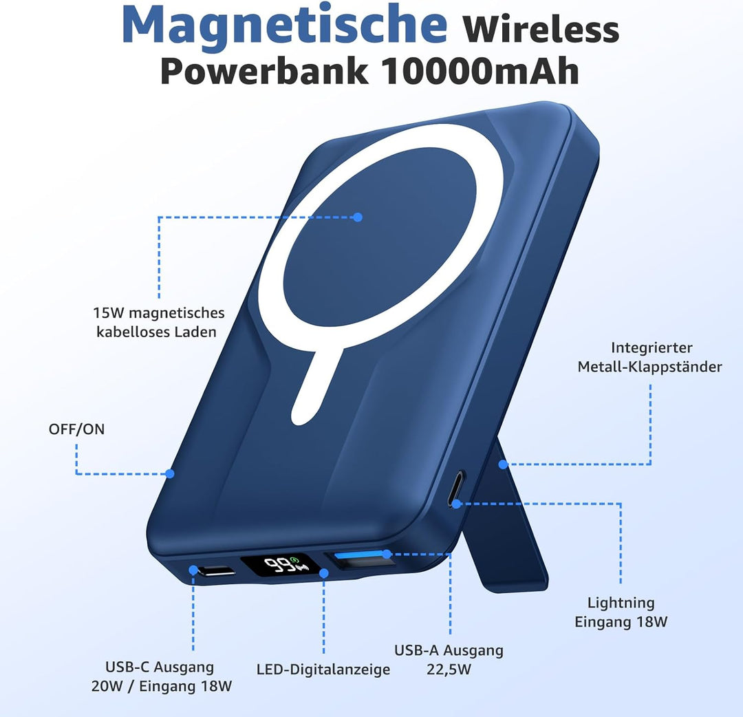 Magnetische Wireless Powerbank 10000mAh, Kompatibel mit MagSafe, Tragbare 15W Kabelloses Schnelllade