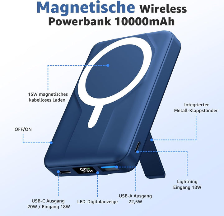 Magnetische Wireless Powerbank 10000mAh, Kompatibel mit MagSafe, Tragbare 15W Kabelloses Schnelllade