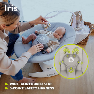 LIONELO Iris Elektrisch Babywippe 360o drehbar für Babys bis zu 9 kg Verstellbare Rückenlehne, 5 Wie