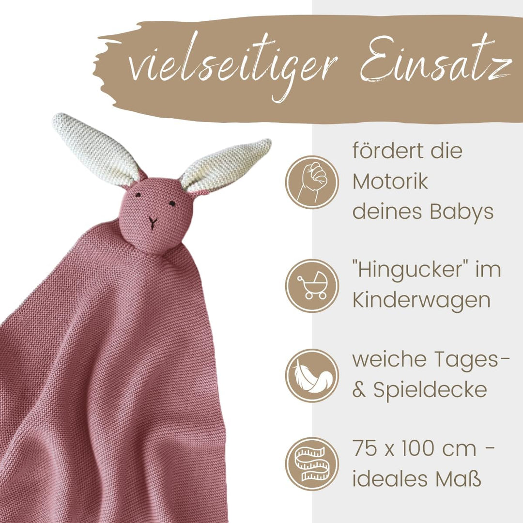 DIKOS® Original Babydecke SCHMUSE-HASE Beere GOTS Bio Baumwolle Neugeborenen Decke mit Kuscheltier B