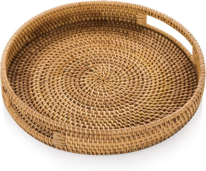 Sziqiqi Rattan Serviertablett mit Griffen 35cm Handgewebtes Wicker-Tablett Rattan-Tablett Rustikales