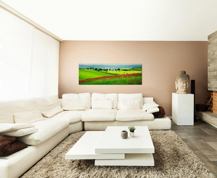 Paul Sinus Art Panoramabild auf Leinwand und Keilrahmen 150x50cm Toskana Blumenwiese Zypressen Lands
