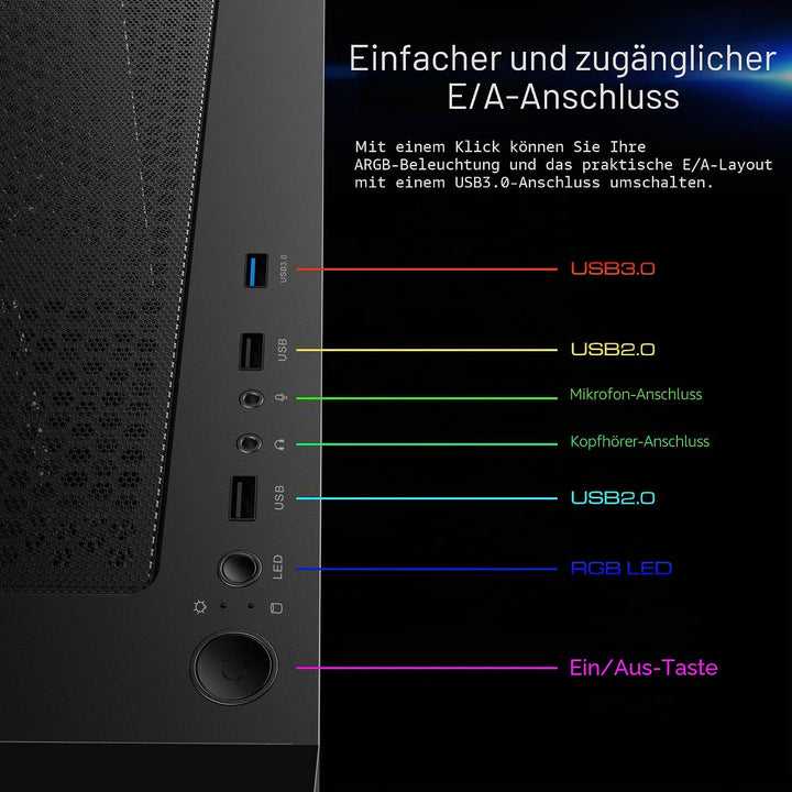 GAMDIAS ATX Mid-Tower Gaming-PC-Gehäuse, Enthält 3 x 120 mm ARGB-Lüfter, High Airflow Mesh Front, Ge